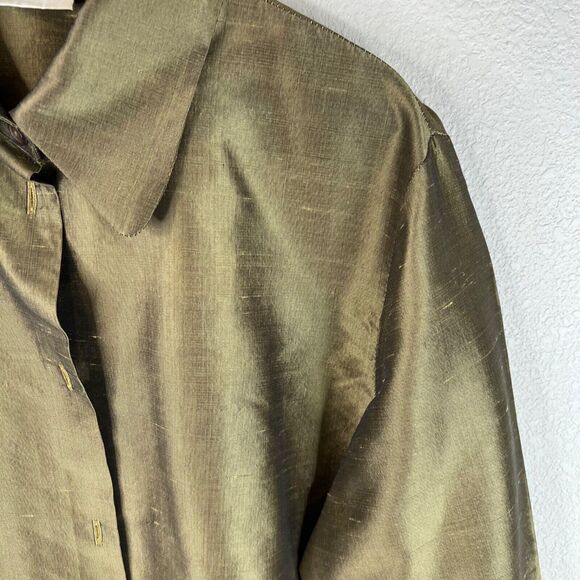 Valerie Stevens Pure Silk Button-Up Shirt Olive Green Size 8 Classic Luxe Staple - Picture 3 of 12